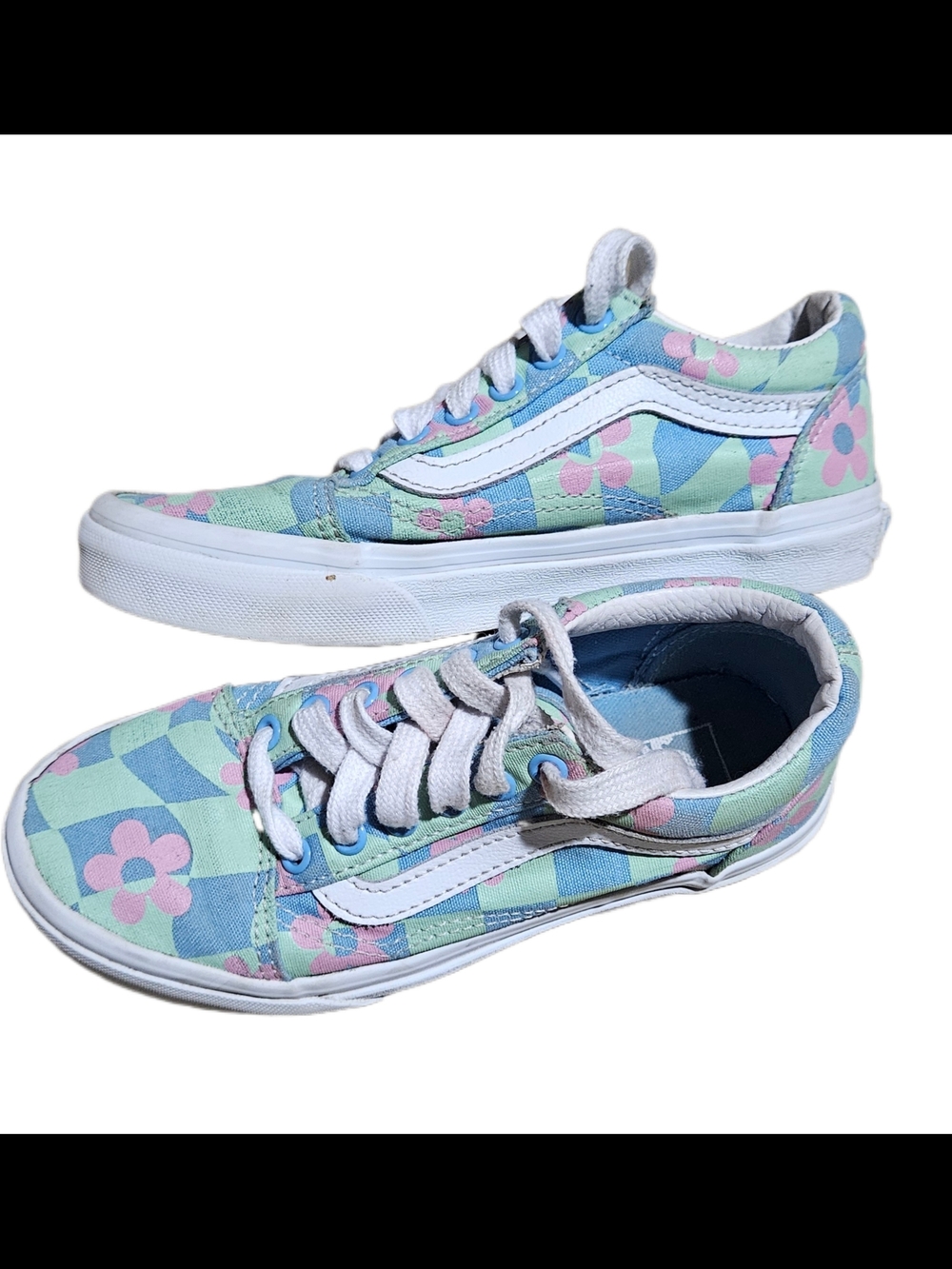 Vans Kids' Floral Checkerboard Low-Top Sneakers - Blue/Green Checkered Size 1